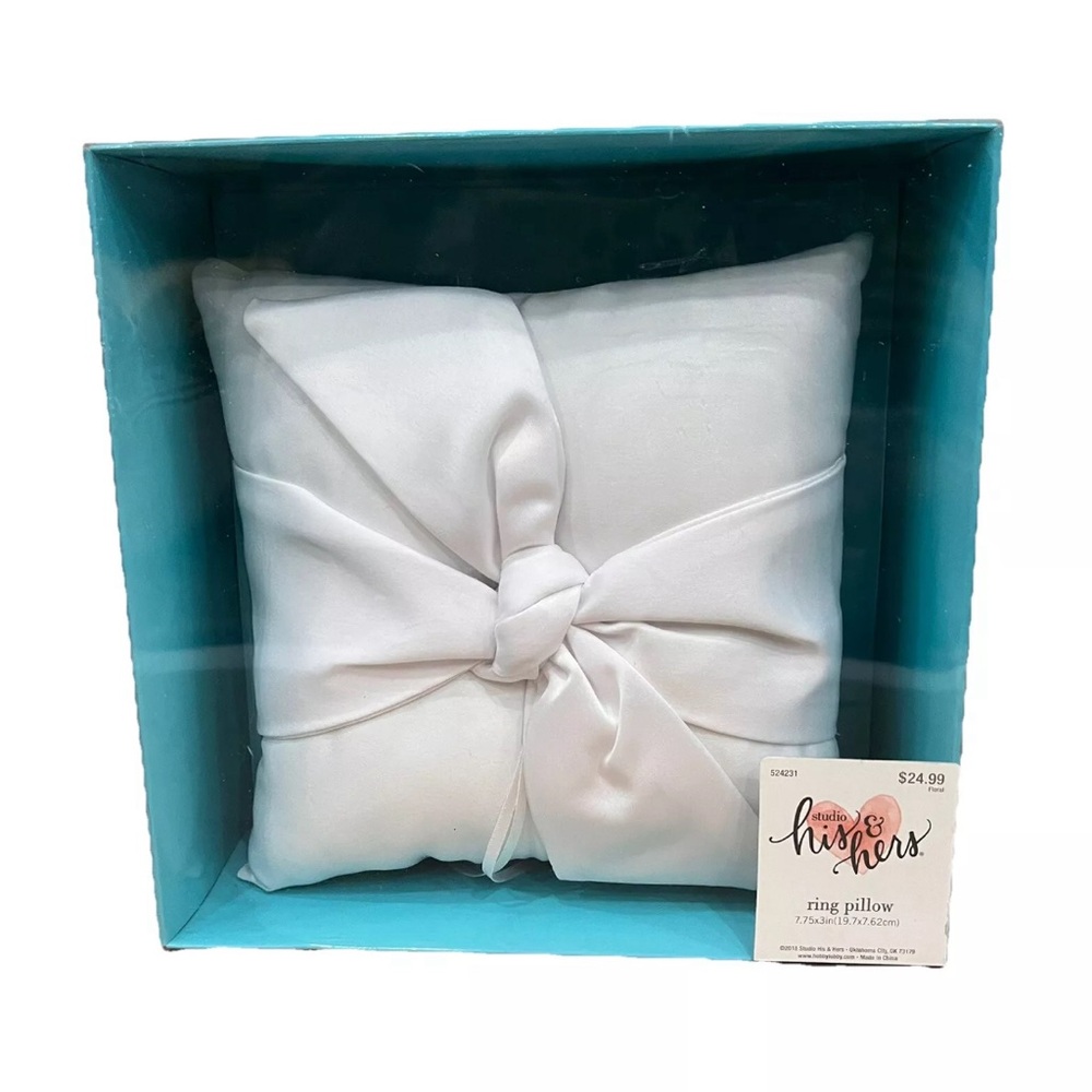 His & Hers White Wedding & Engagement Ring Pillow With Satin Bow